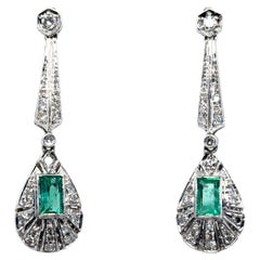 Boucles d
oreilles pendantes vintage en or blanc 14K avec émeraudes naturelles et diamants articulés