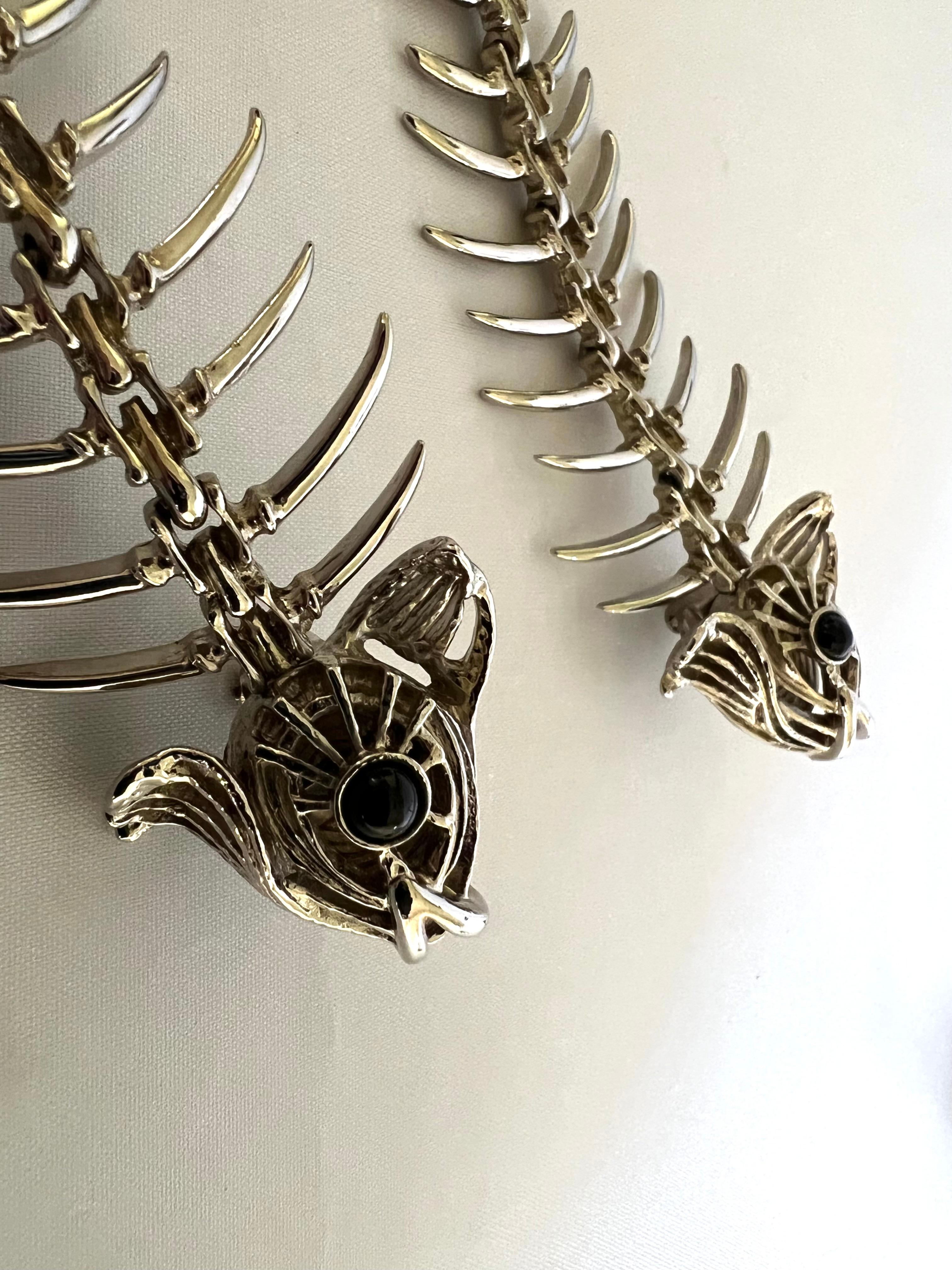Spectacular vintage articulated French fish skeleton statement clip-on earrings - made in France circa 1990s. 