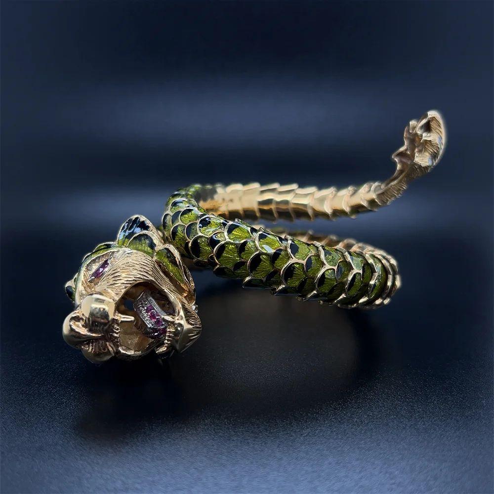 Round Cut Vintage Articulating Dragon Serpent Green Enamel Gold Wrap Cuff Bracelet For Sale