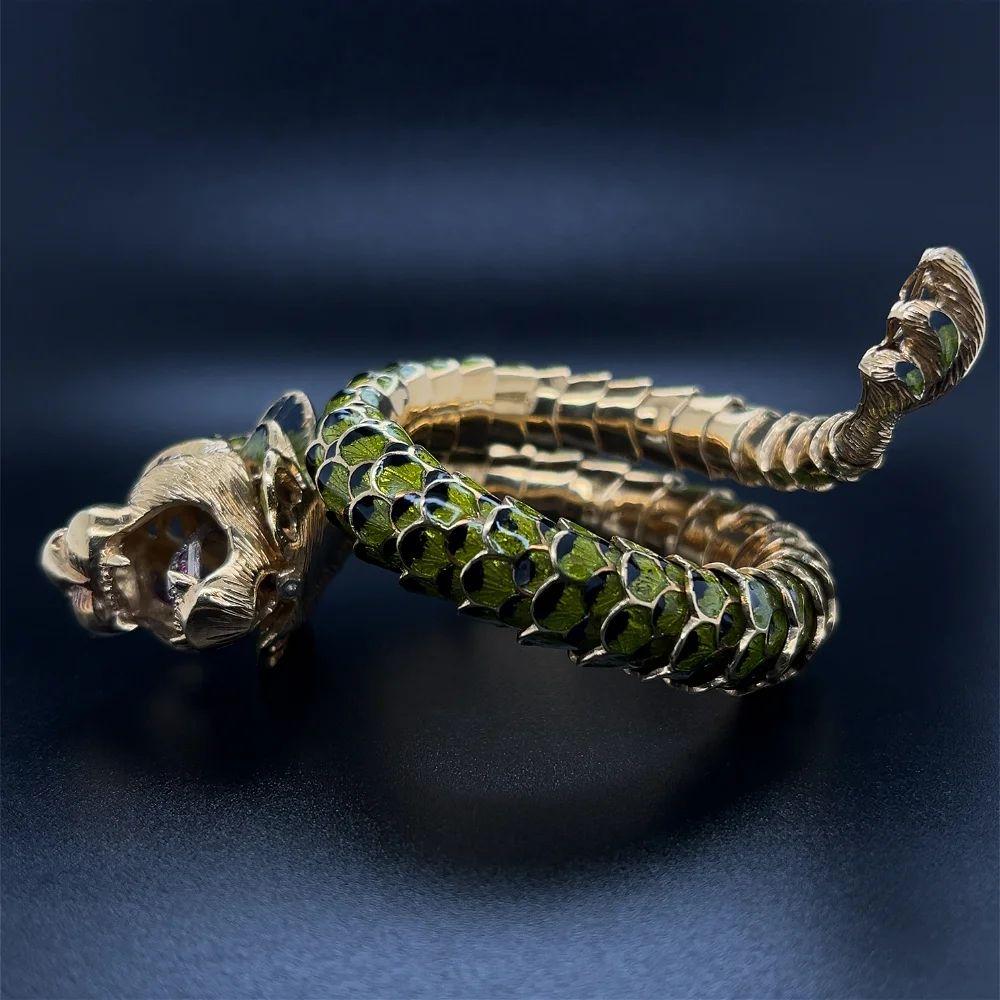 Women's Vintage Articulating Dragon Serpent Green Enamel Gold Wrap Cuff Bracelet For Sale