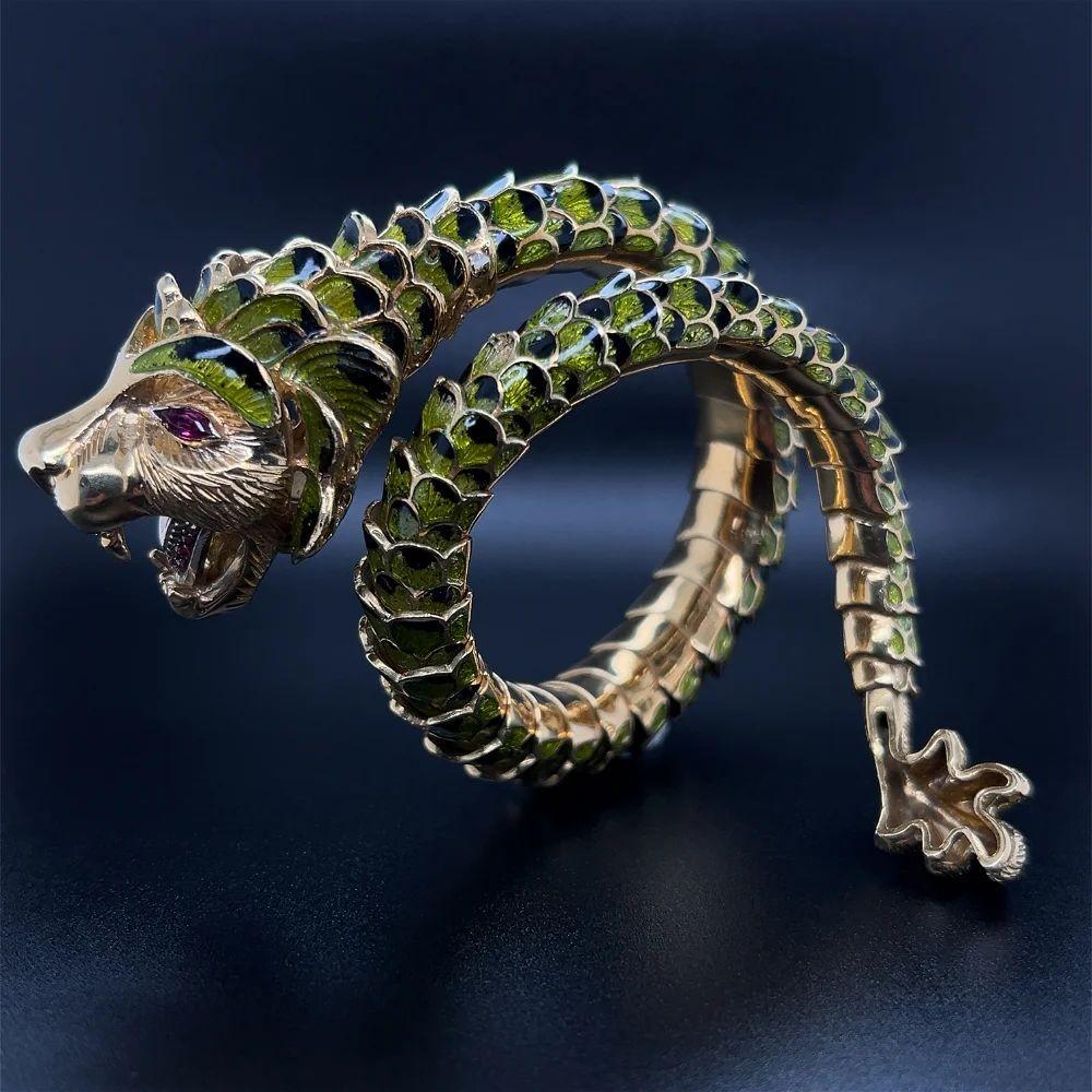 Vintage Articulating Dragon Serpent Green Enamel Gold Wrap Cuff Bracelet For Sale 1