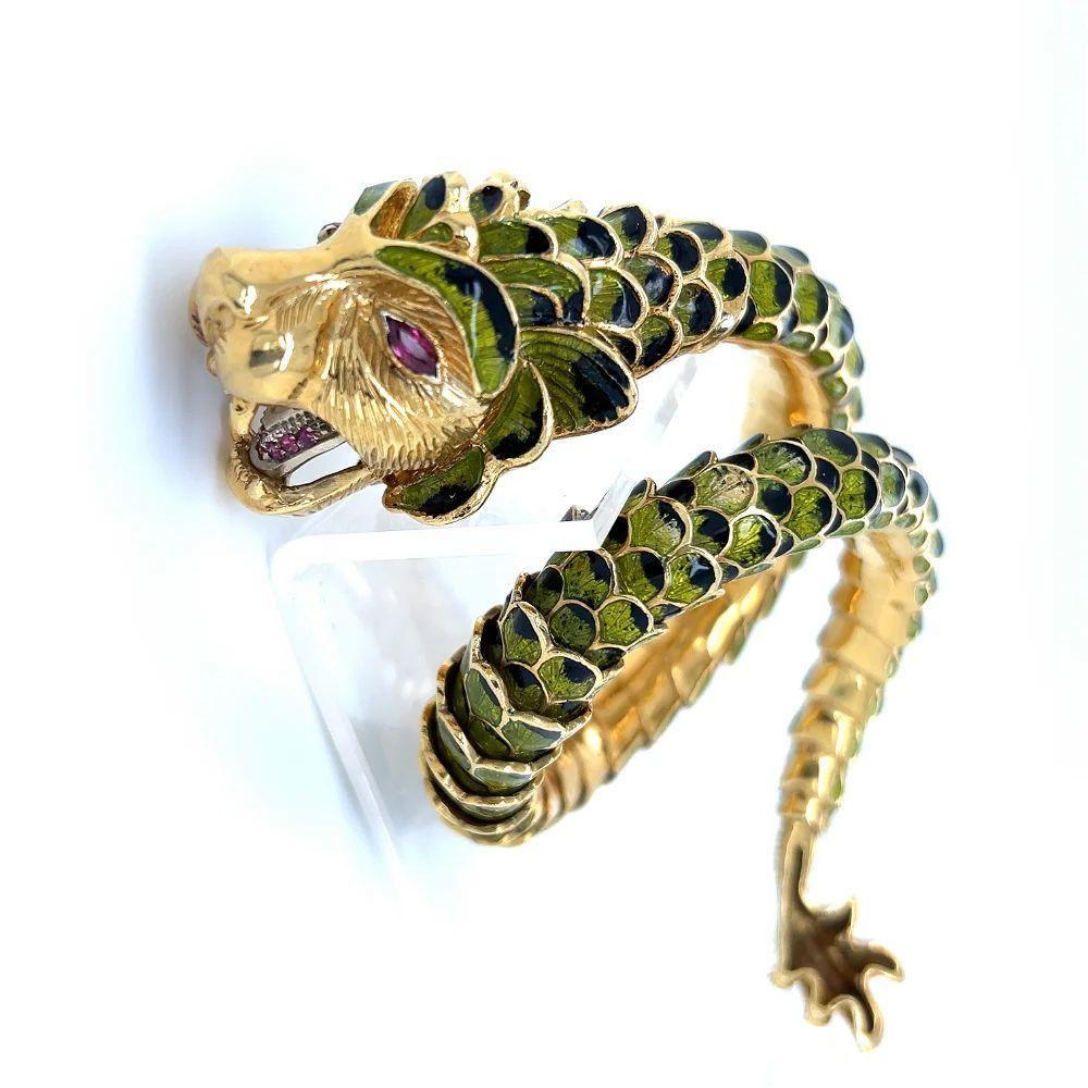 Vintage Articulating Dragon Serpent Green Enamel Gold Wrap Cuff Bracelet For Sale 2