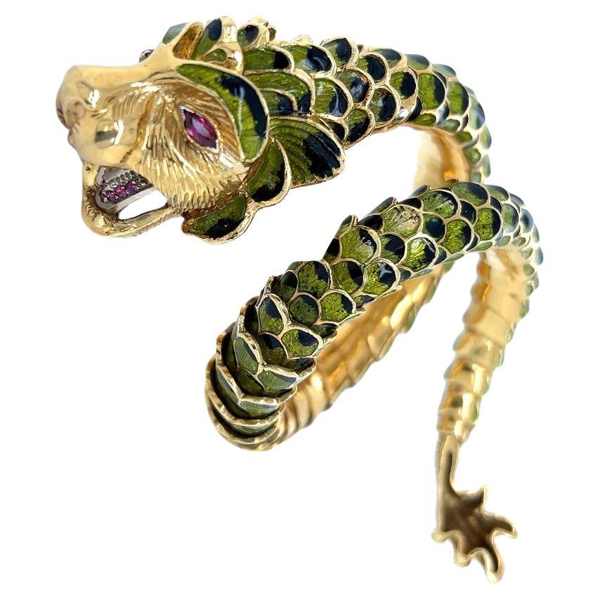 Vintage Articulating Dragon Serpent Green Enamel Gold Wrap Cuff Bracelet For Sale