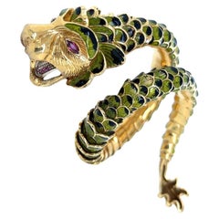 Pulsera brazalete vintage articulada serpiente dragón esmalte verde dorado