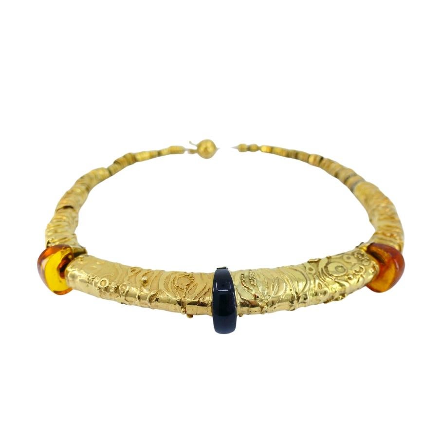 Taille cabochon Collier d'ambre et d'or 14k Vintage Artisan en vente