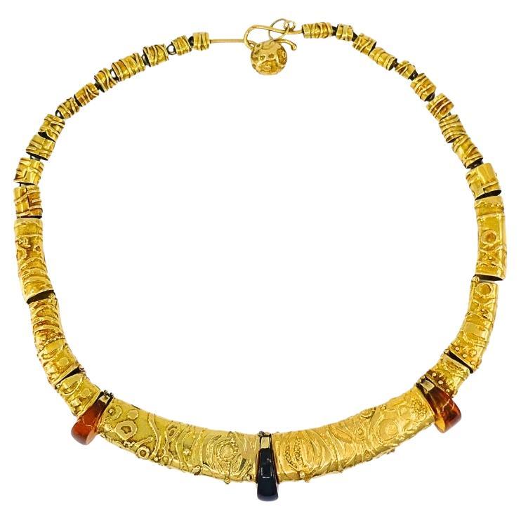 Vintage Kunsthandwerkliche 14k Bernstein- und Gold-Halskette