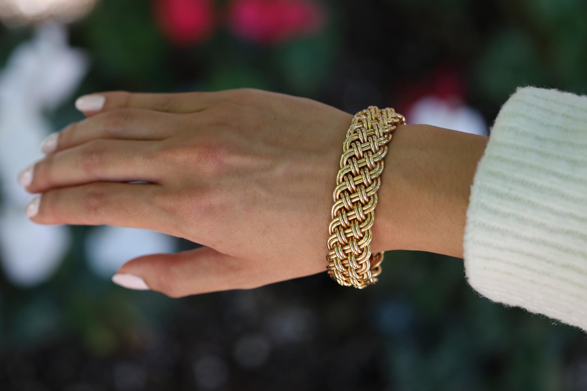 Renaissance Revival Vintage 14k Gold French Woven Bangle Cuff Bracelet For Sale