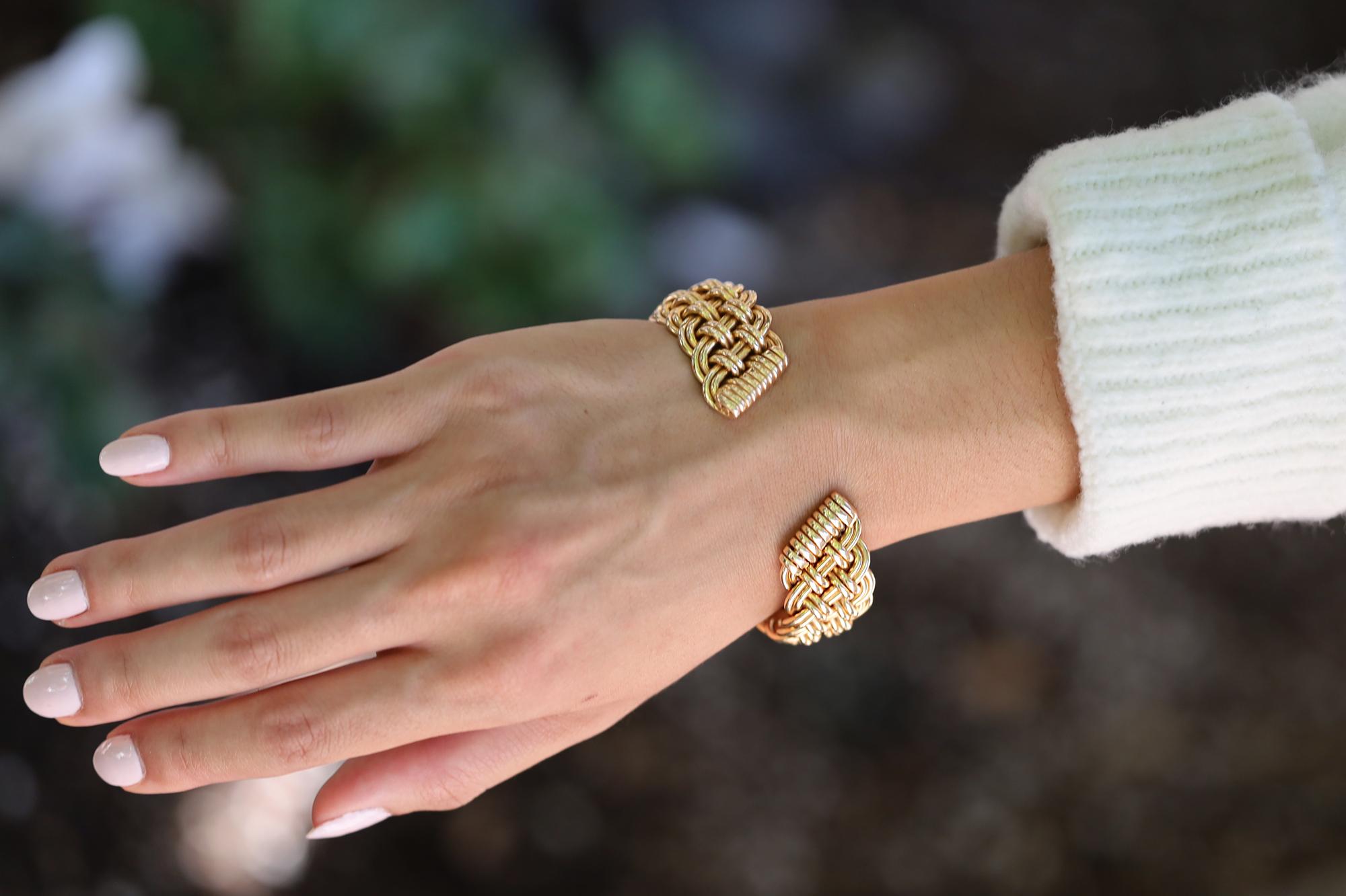 Vintage 14k Gold French Woven Bangle Cuff Bracelet In Good Condition For Sale In Santa Barbara, CA