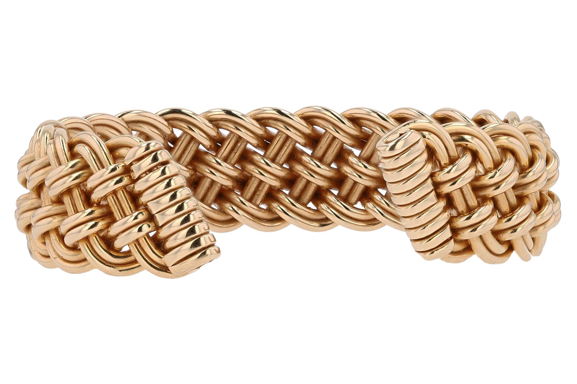 Women's or Men's Vintage 14k Gold French Woven Bangle Cuff Bracelet For Sale