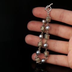 Vintage Artisan 925 Sterling Silver & 18k Yellow Gold Pearl Byzantine Bracelet