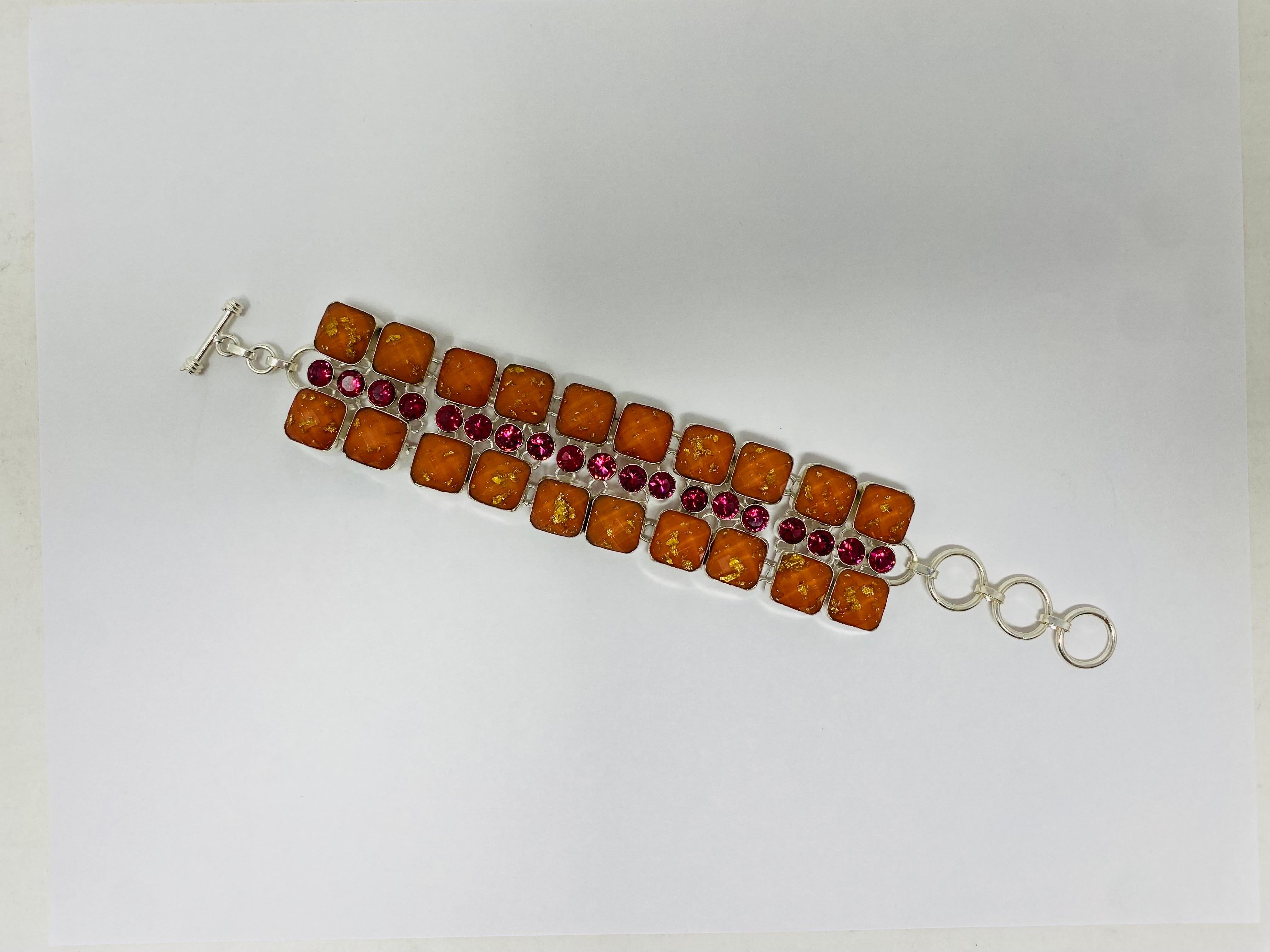 Moderne Vintage Artisan 925 Sterling Silver Semi-Precious Stone Bracelet 1970 en vente