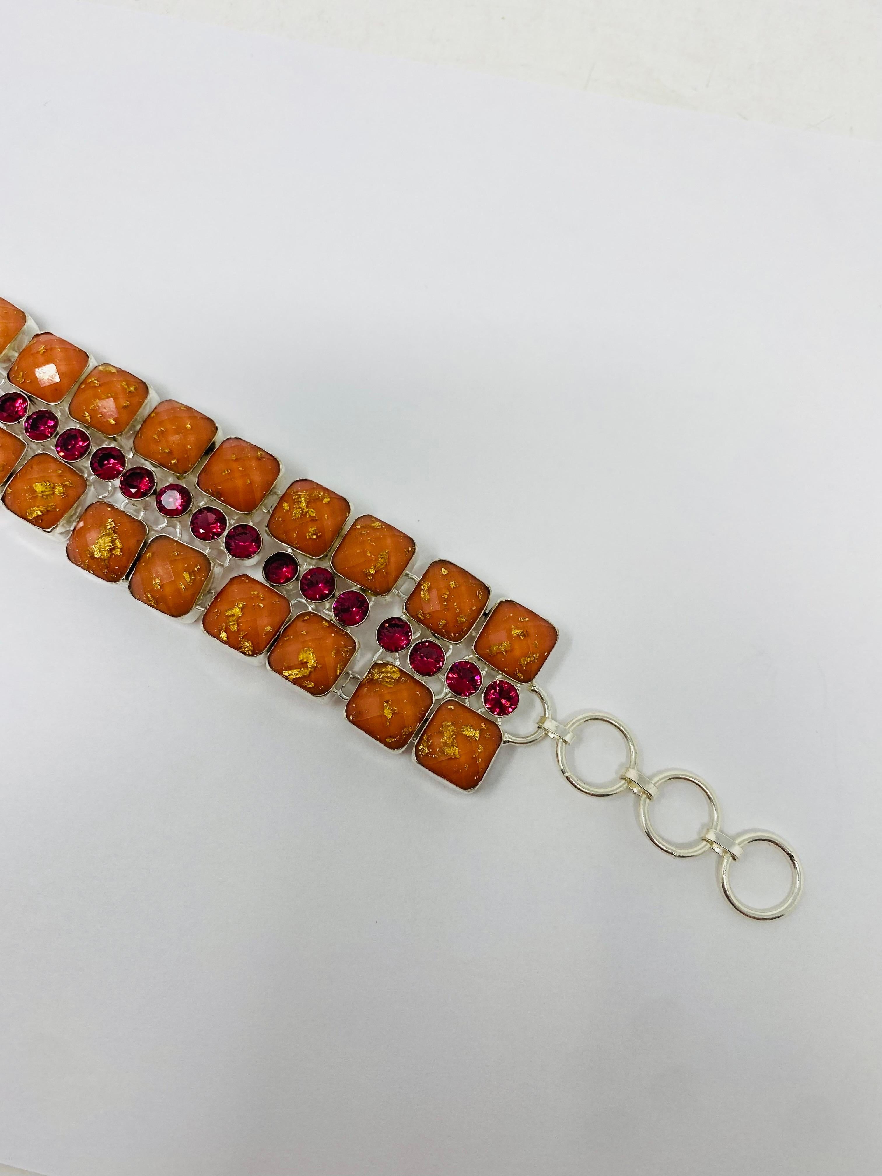 Américain Vintage Artisan 925 Sterling Silver Semi-Precious Stone Bracelet 1970 en vente