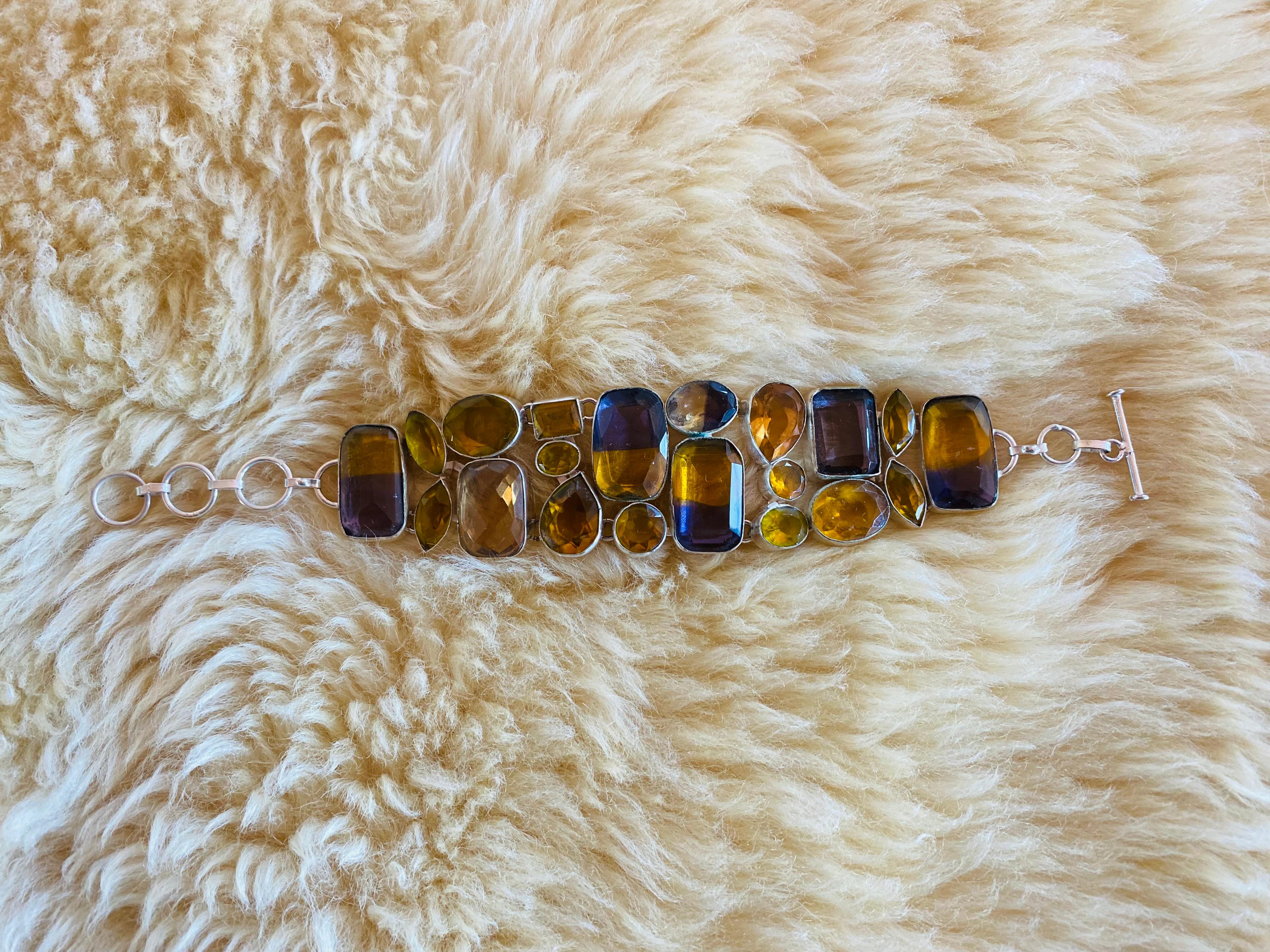 Pulsera vintage artesana de plata de ley 925 con piedras semipreciosas Años 70 Estadounidense en venta