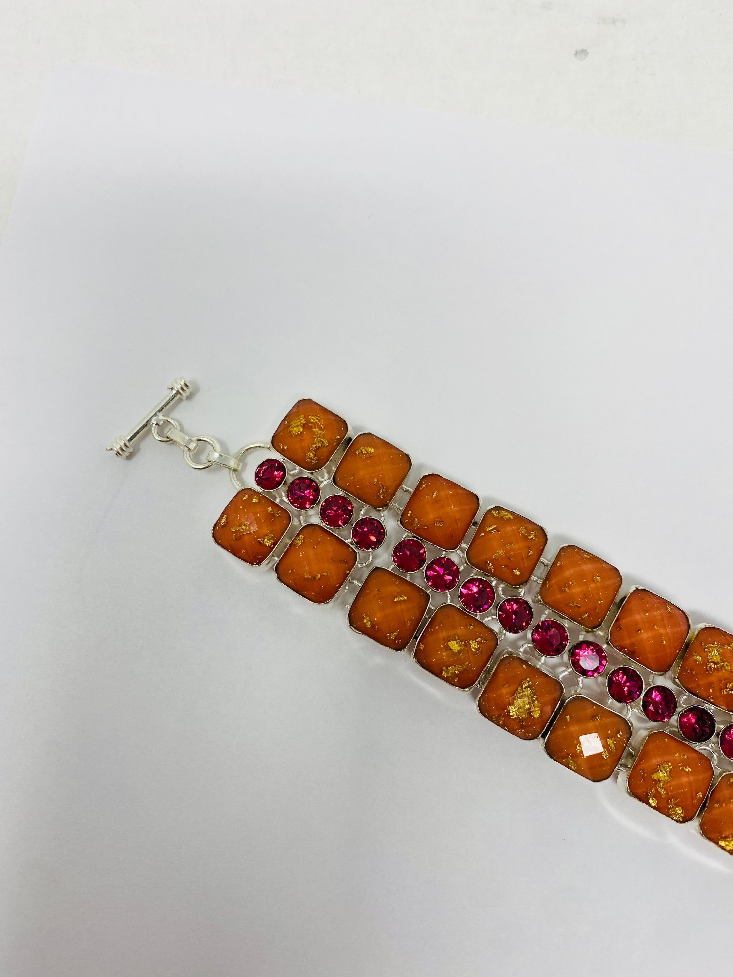 Fait main Vintage Artisan 925 Sterling Silver Semi-Precious Stone Bracelet 1970 en vente
