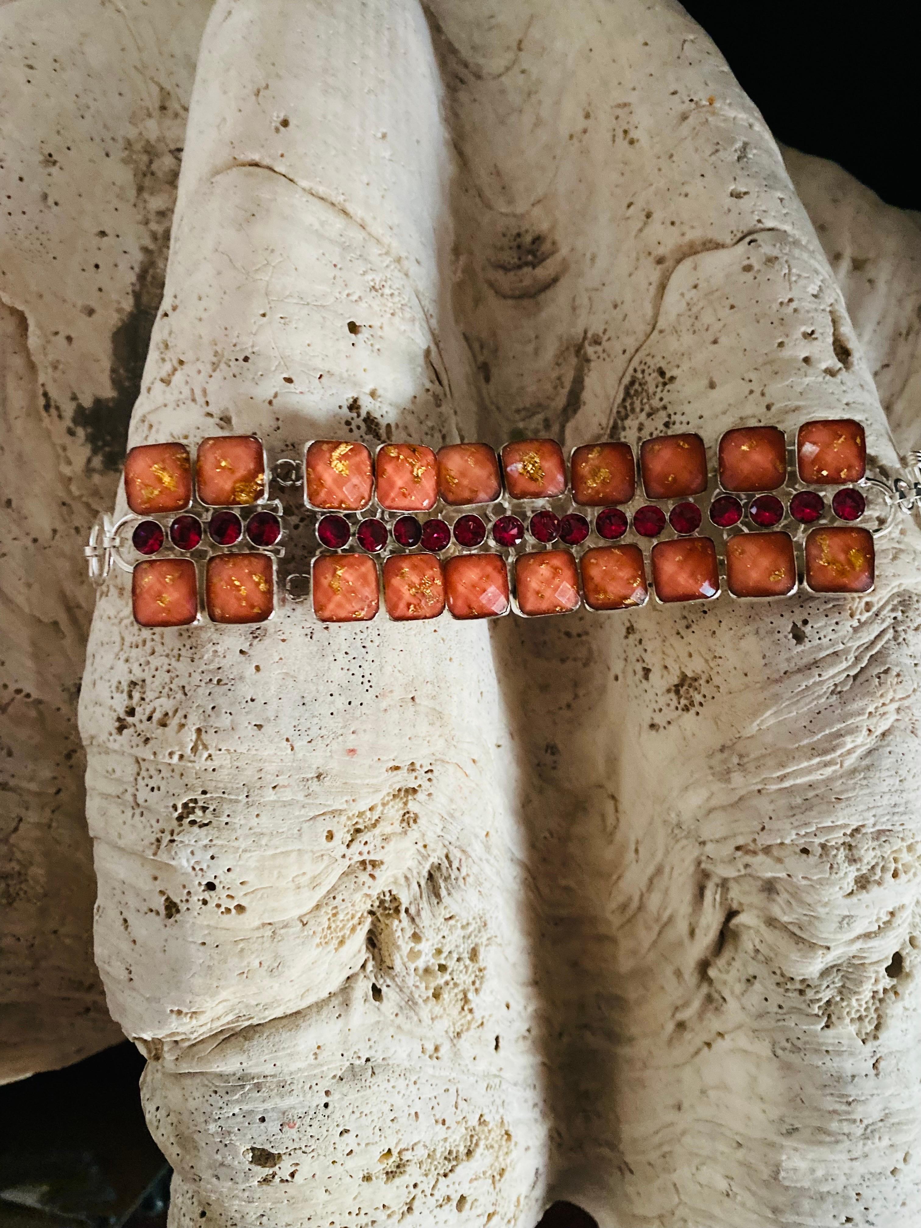 Fin du 20e siècle Vintage Artisan 925 Sterling Silver Semi-Precious Stone Bracelet 1970 en vente