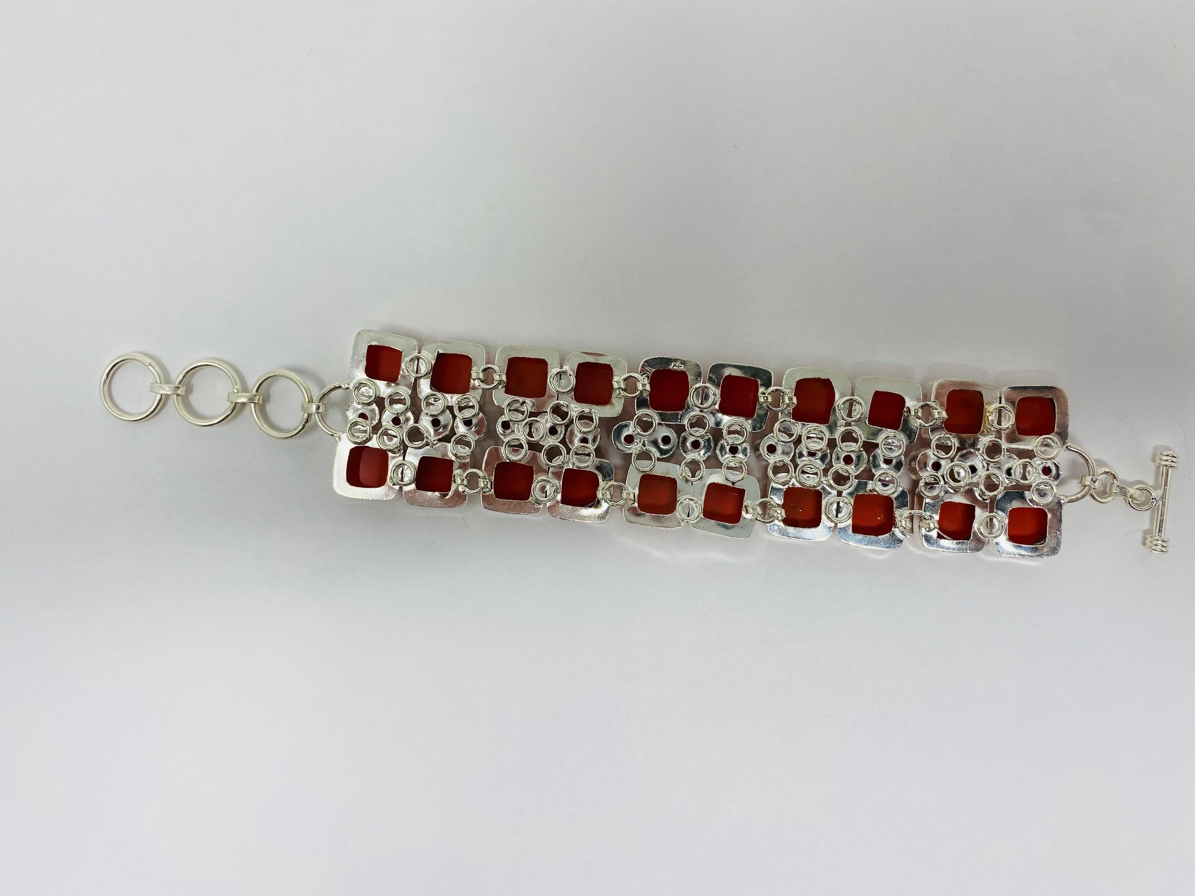 Laiton Vintage Artisan 925 Sterling Silver Semi-Precious Stone Bracelet 1970 en vente