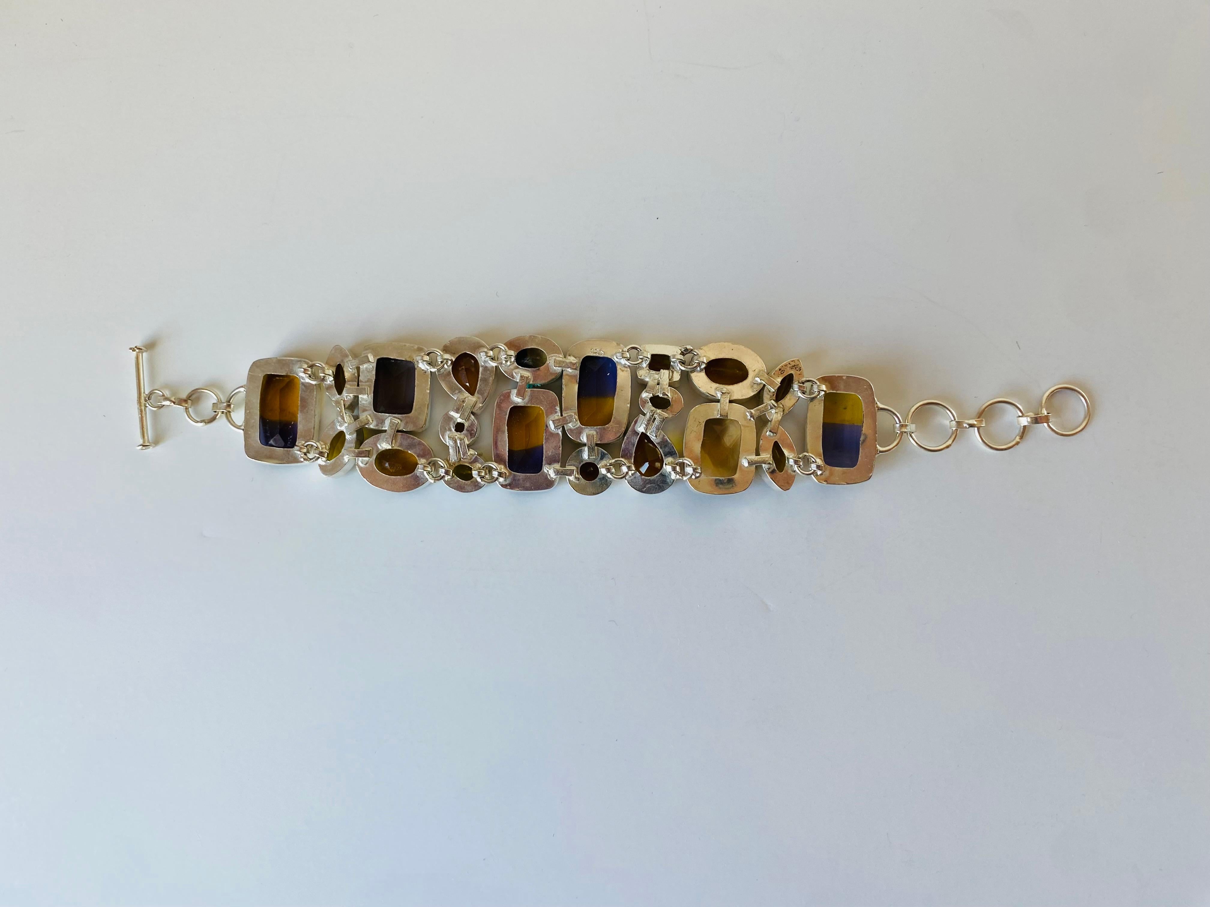 Pulsera vintage artesana de plata de ley 925 con piedras semipreciosas Años 70 Latón en venta