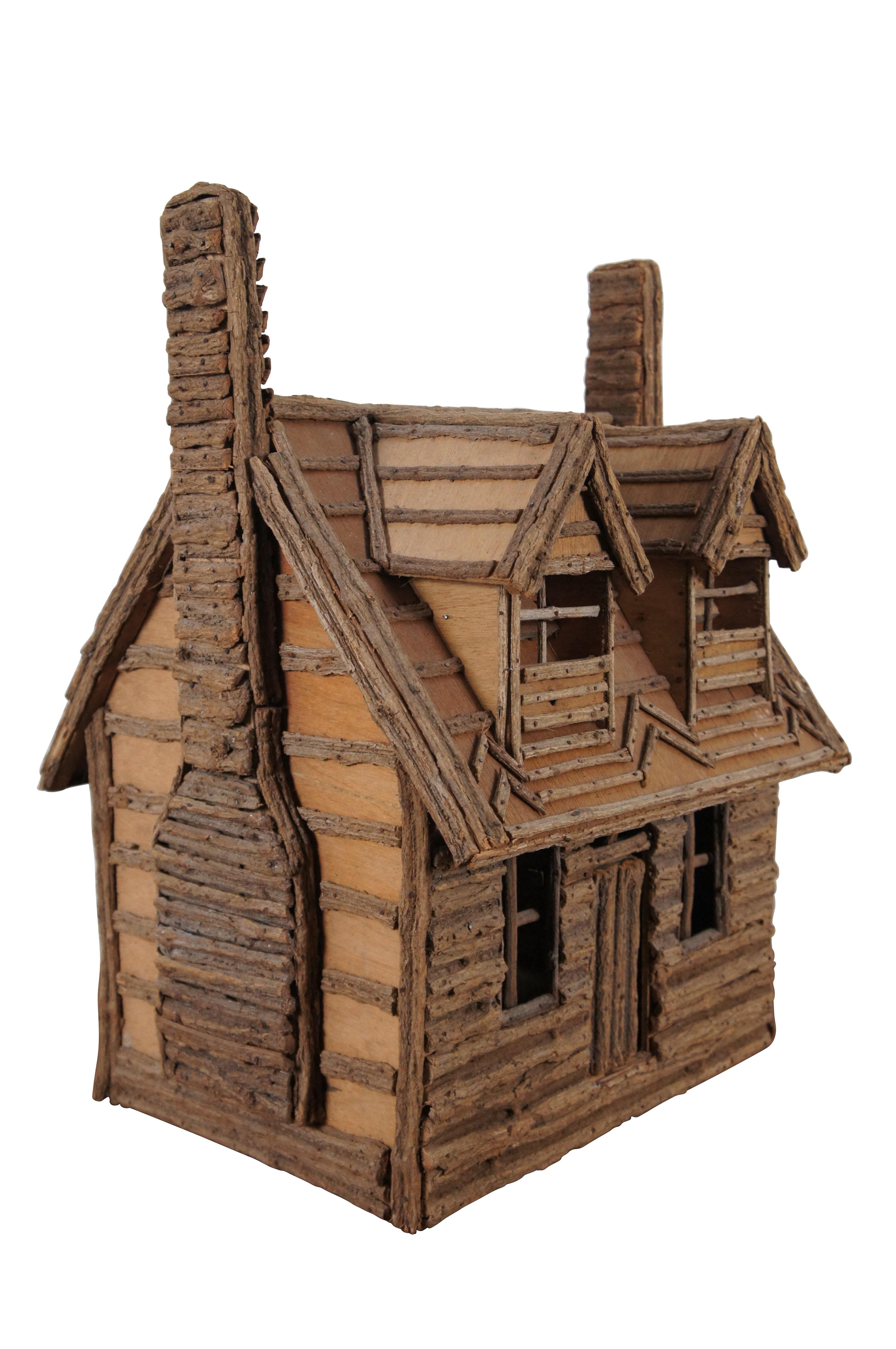 Vintage Artisan Handmade Rustic Adirondack Folk Art Model Log Cabin Cottage 23