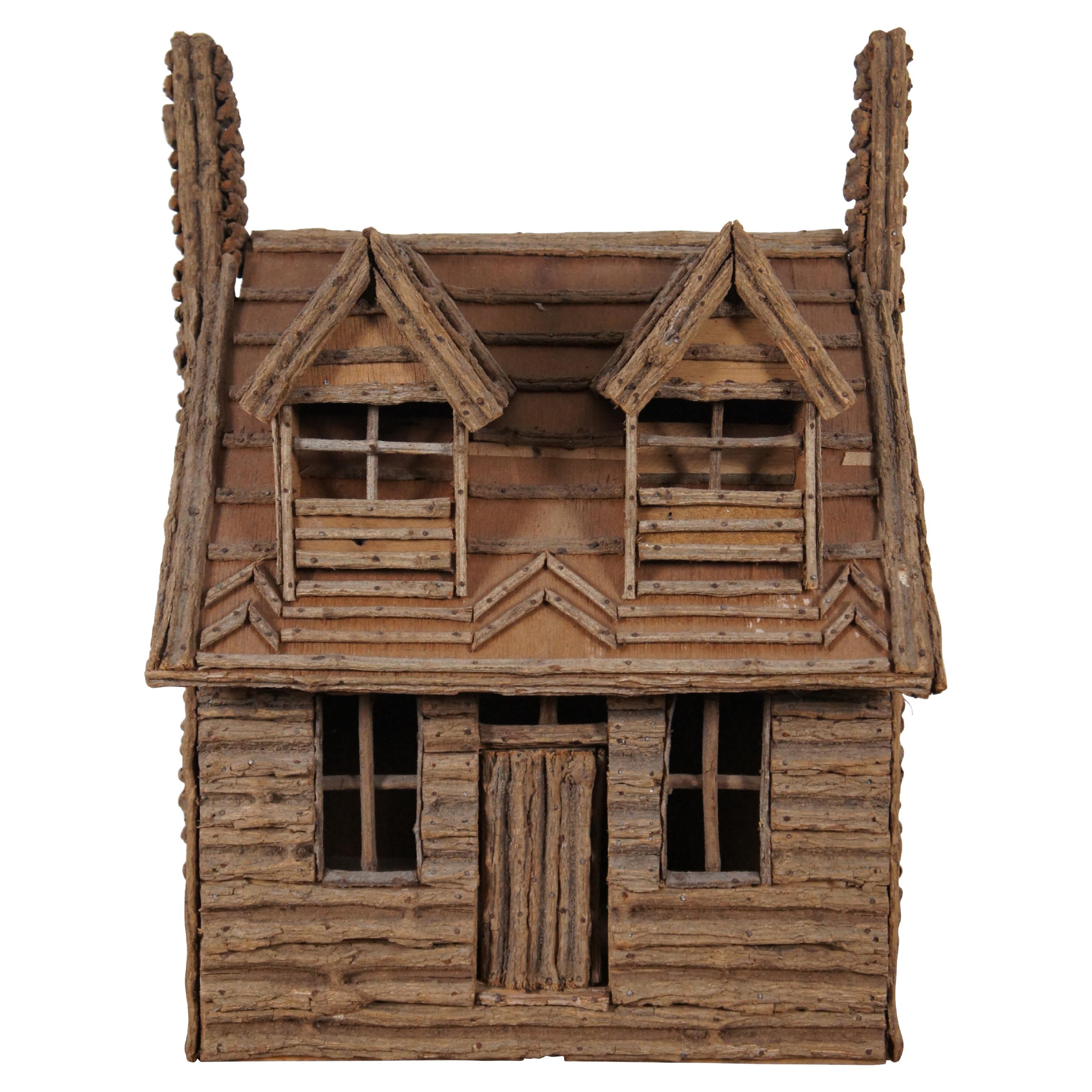 Vintage Artisan Handmade Rustic Adirondack Folk Art Model Log Cabin Cottage 23" For Sale