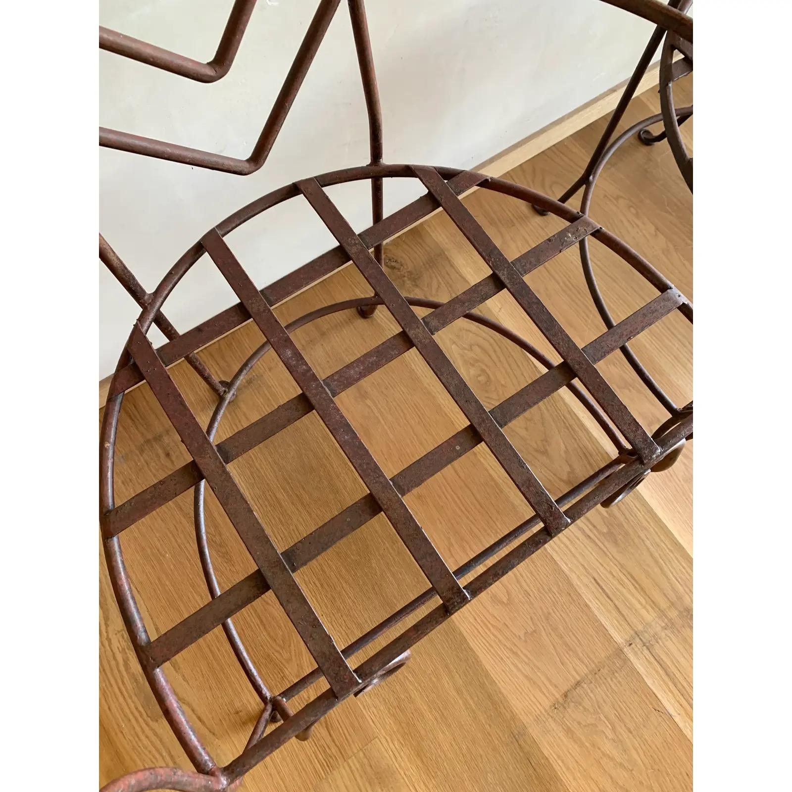 Vintage Artisan Iron Geometric Sculptural Frank Lloyd Wright Style Armchairs-4 For Sale 3