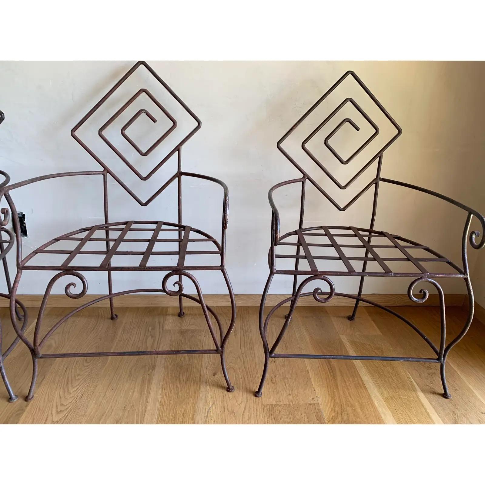 Vintage Artisan Iron Geometric Sculptural Frank Lloyd Wright Style Armchairs-4 5