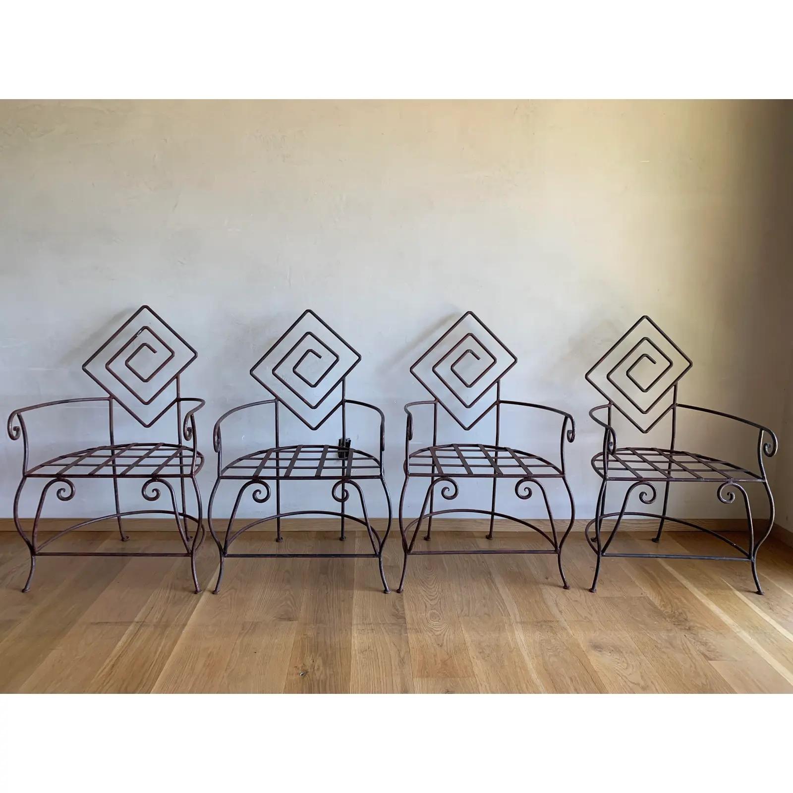 Vintage Artisan Iron Geometric Sculptural Frank Lloyd Wright Style Armchairs-4 For Sale 6