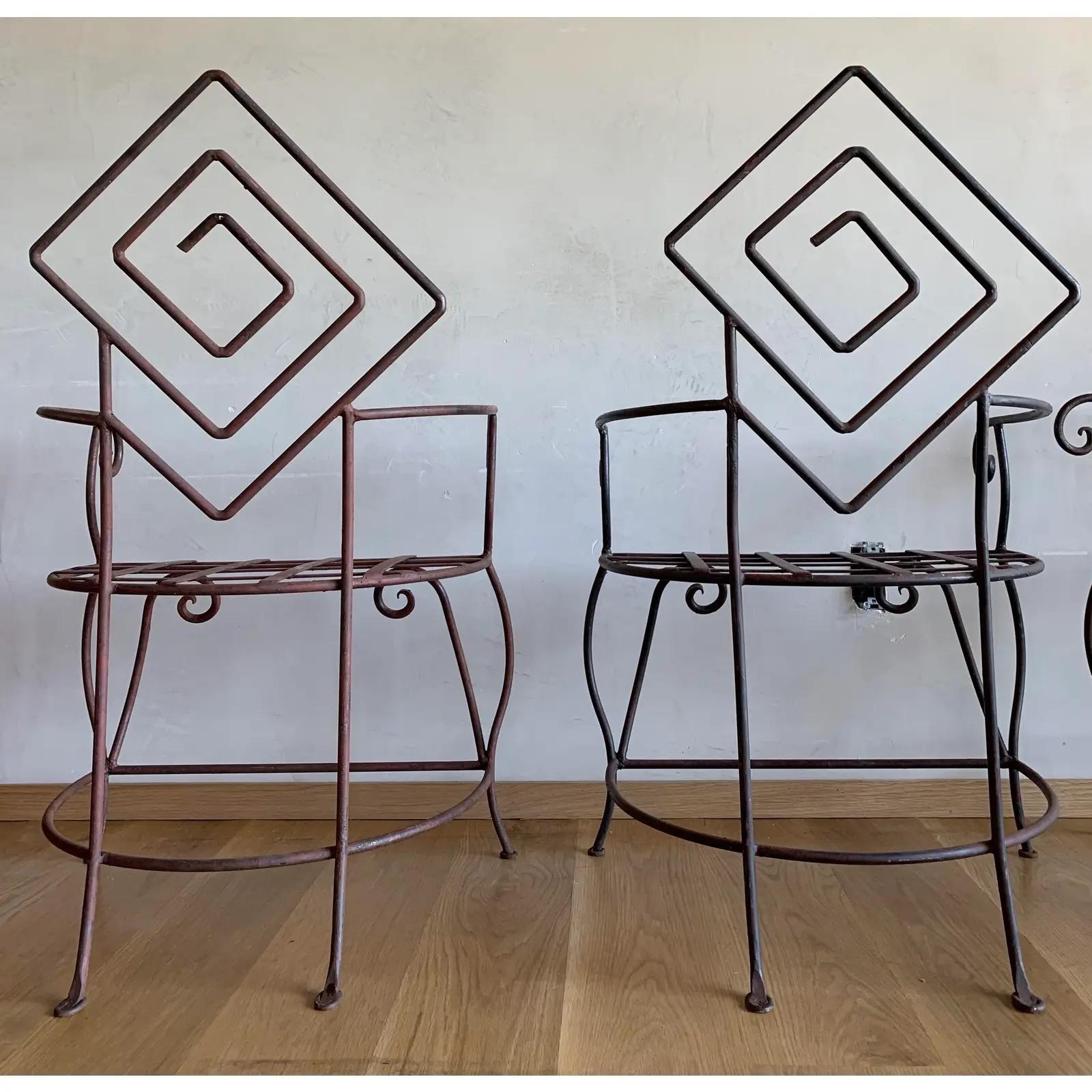 Art Deco Vintage Artisan Iron Geometric Sculptural Frank Lloyd Wright Style Armchairs-4 For Sale