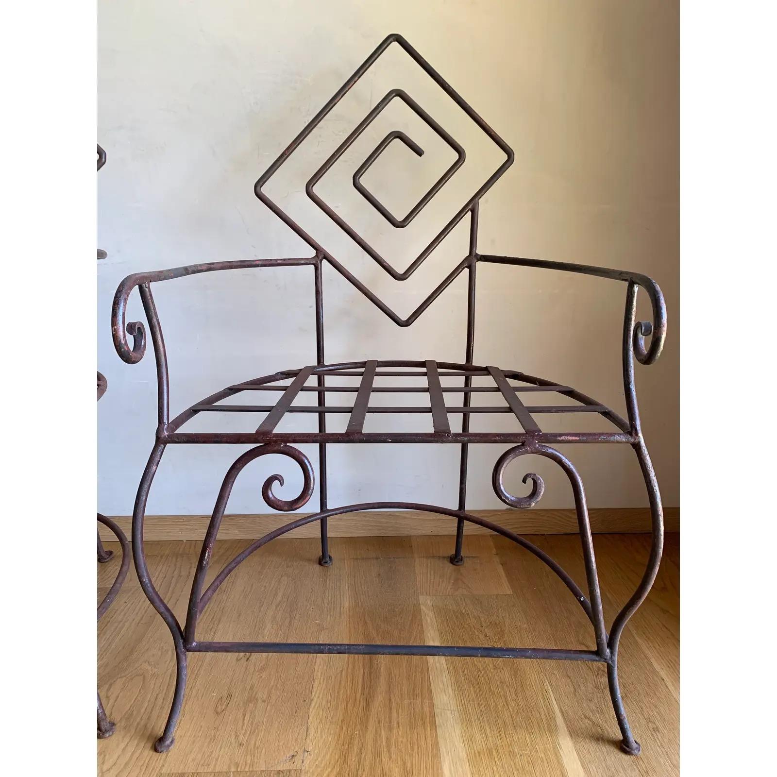 Mexican Vintage Artisan Iron Geometric Sculptural Frank Lloyd Wright Style Armchairs-4 For Sale