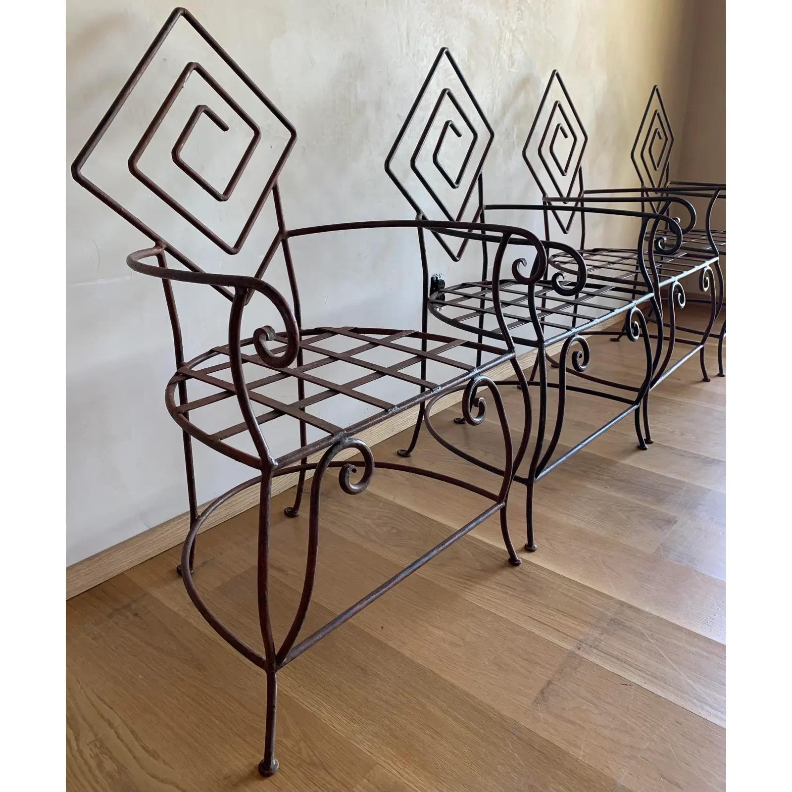 Welded Vintage Artisan Iron Geometric Sculptural Frank Lloyd Wright Style Armchairs-4 For Sale