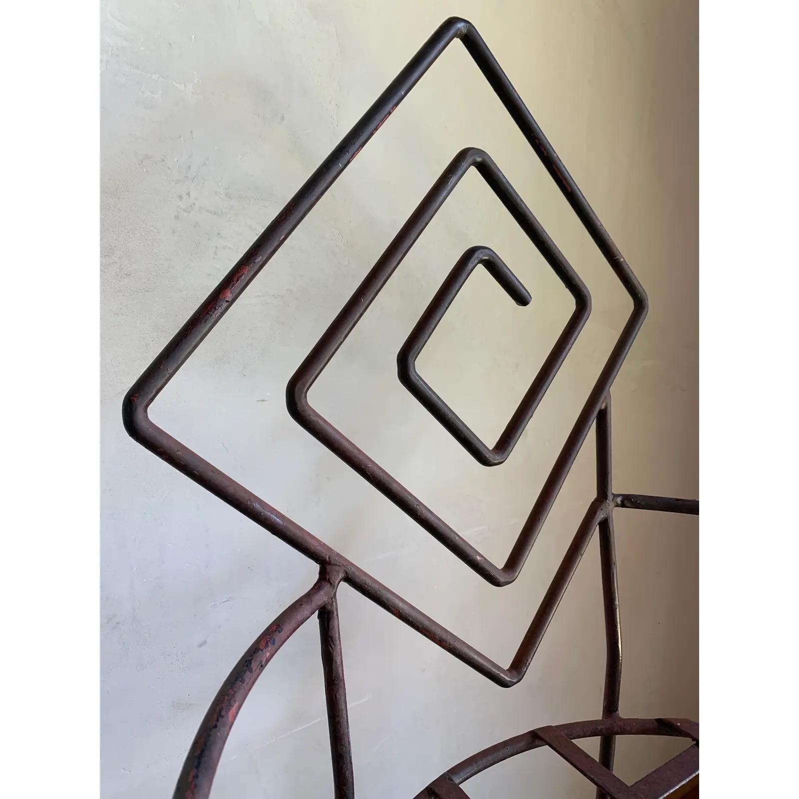 Vintage Artisan Iron Geometric Sculptural Frank Lloyd Wright Style Armchairs-4 In Good Condition For Sale In El Cajon, CA