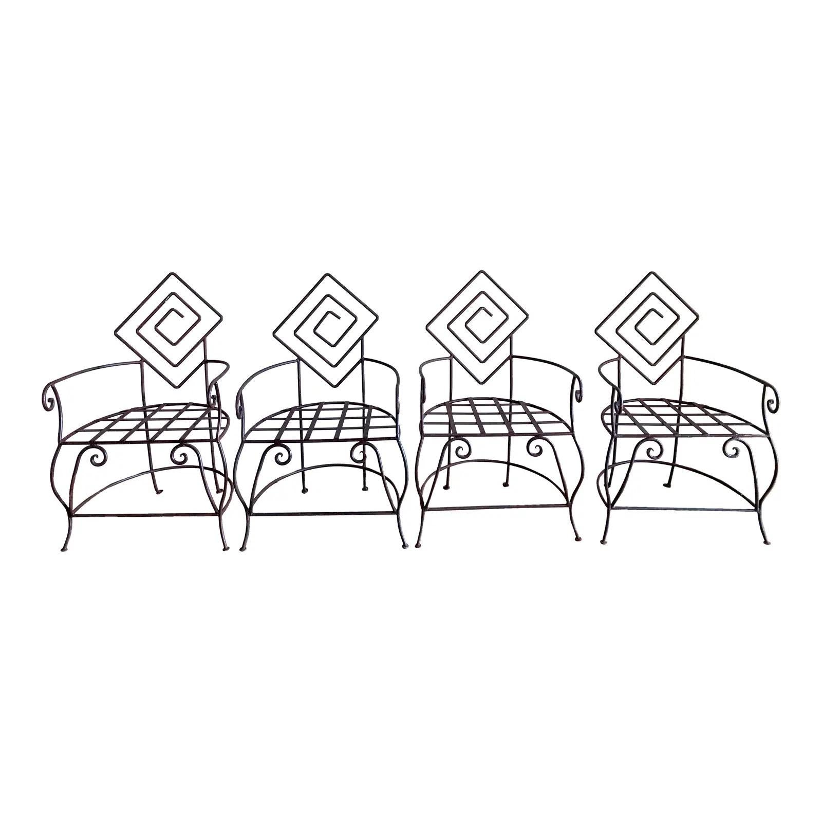 Vintage Artisan Iron Geometric Sculptural Frank Lloyd Wright Style Armchairs-4 For Sale
