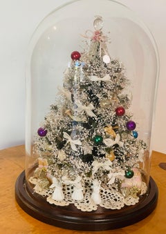 Vintage Artisan Mini Christmas Tree with Angels in Glass Dome