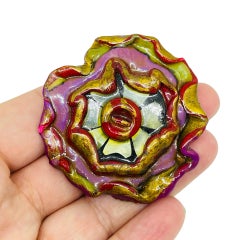 Vintage artisan painted colorful flower art clay designer brooch