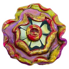 Vintage artisan painted colorful flower art clay designer brooch