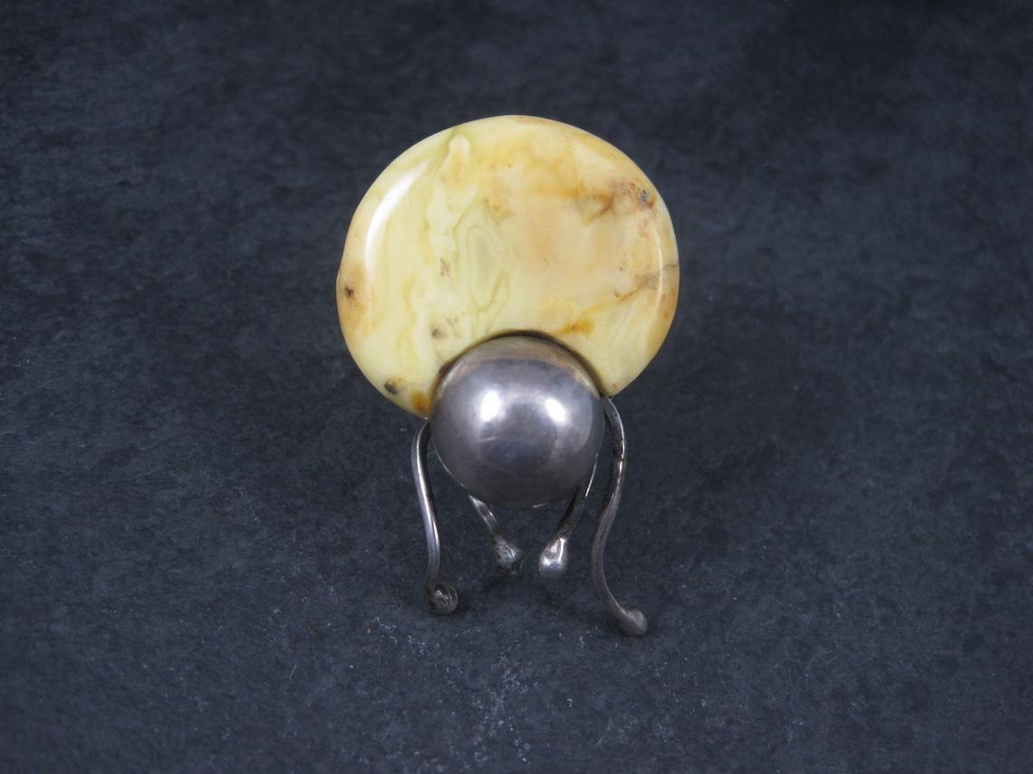 Vintage Artisan Sterling Baltic Egg Yolk Amber Beetle Bug Ring Adjustable Size 9 For Sale 1