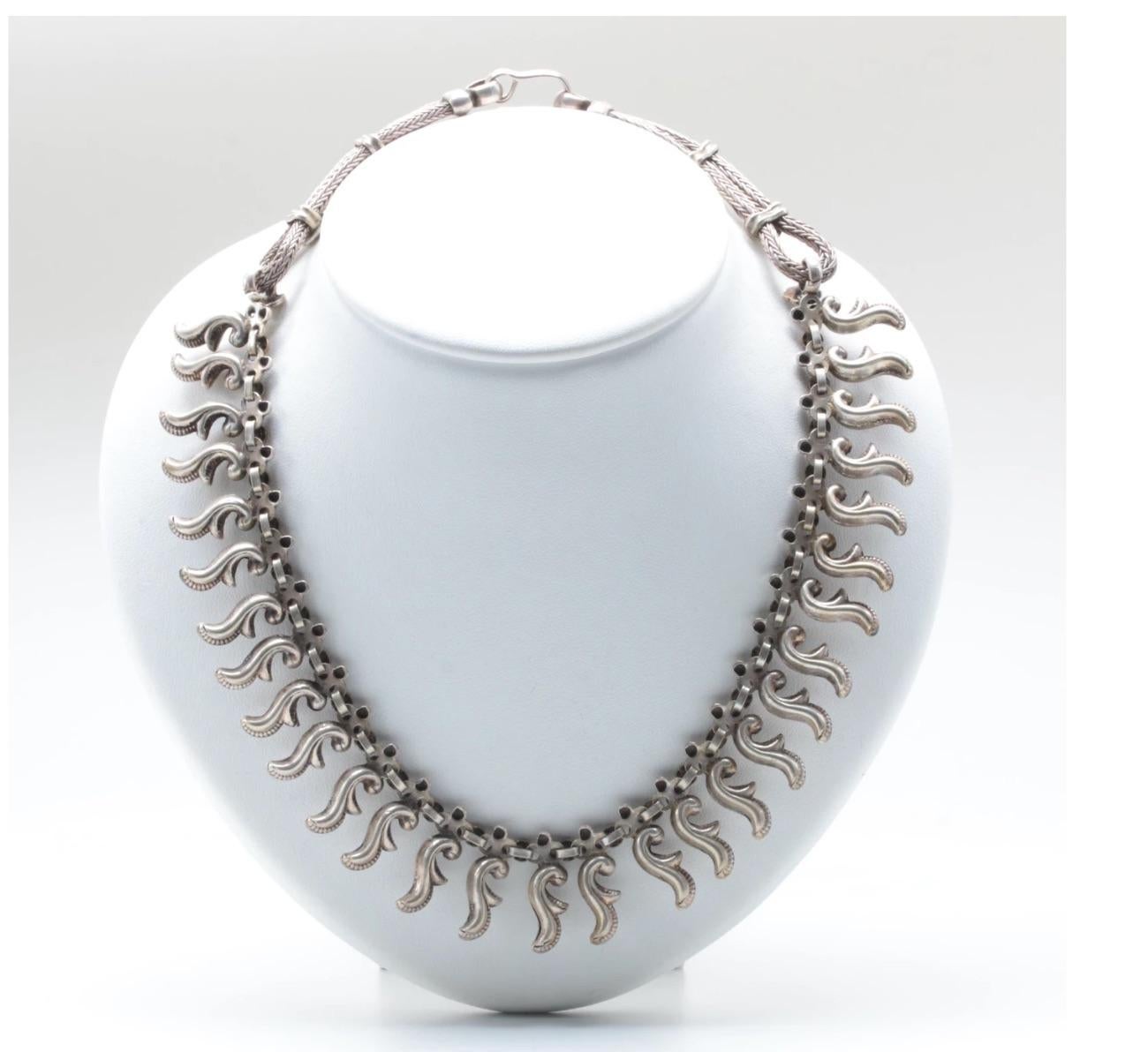 Vintage Artisan Sterling Silver Dangle Collar Necklace For Sale 1