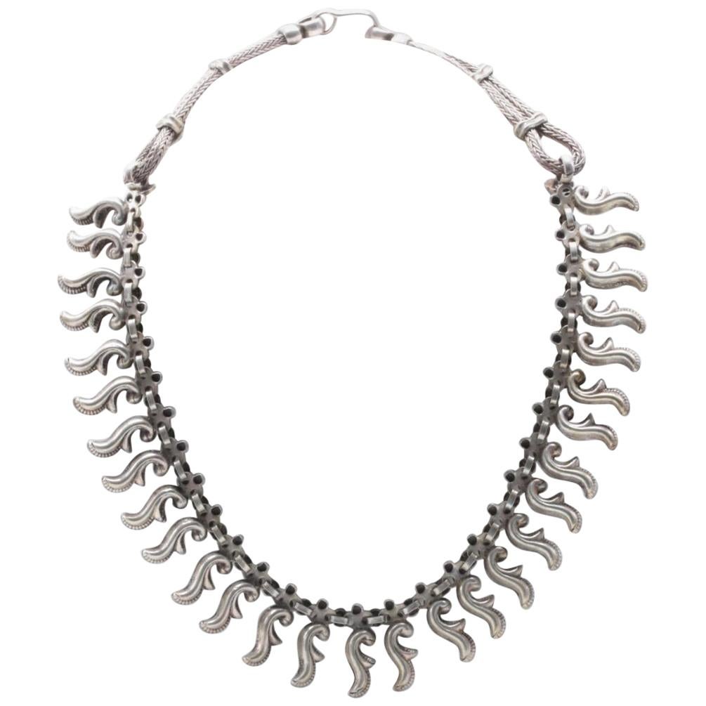Vintage Artisan Sterling Silver Dangle Collar Necklace For Sale