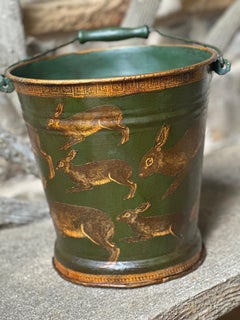 Vintage Artisan Tole Decoupage Bucket with Rabbit Lapin Motif