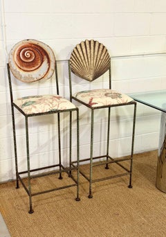 Vintage Artisan Twisted Wrought Iron Verdigris Shell Bar Stools - a Pair