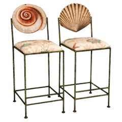 Vintage Artisan Twisted Wrought Iron Verdigris Shell Bar Stools - a Pair