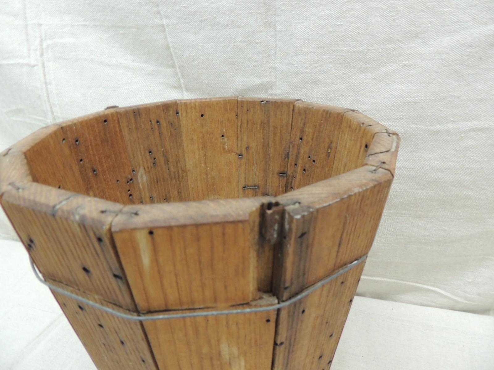 Country Vintage Artisanal Wood and Wire Barrel Style Wastebasket