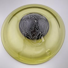 Vintage Artist Glass Green Glass Engraved with Female Figure Signed by Artist