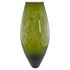 Vintage Artist Glass Orange Glass Engraved with Female Figure Signed by Artist