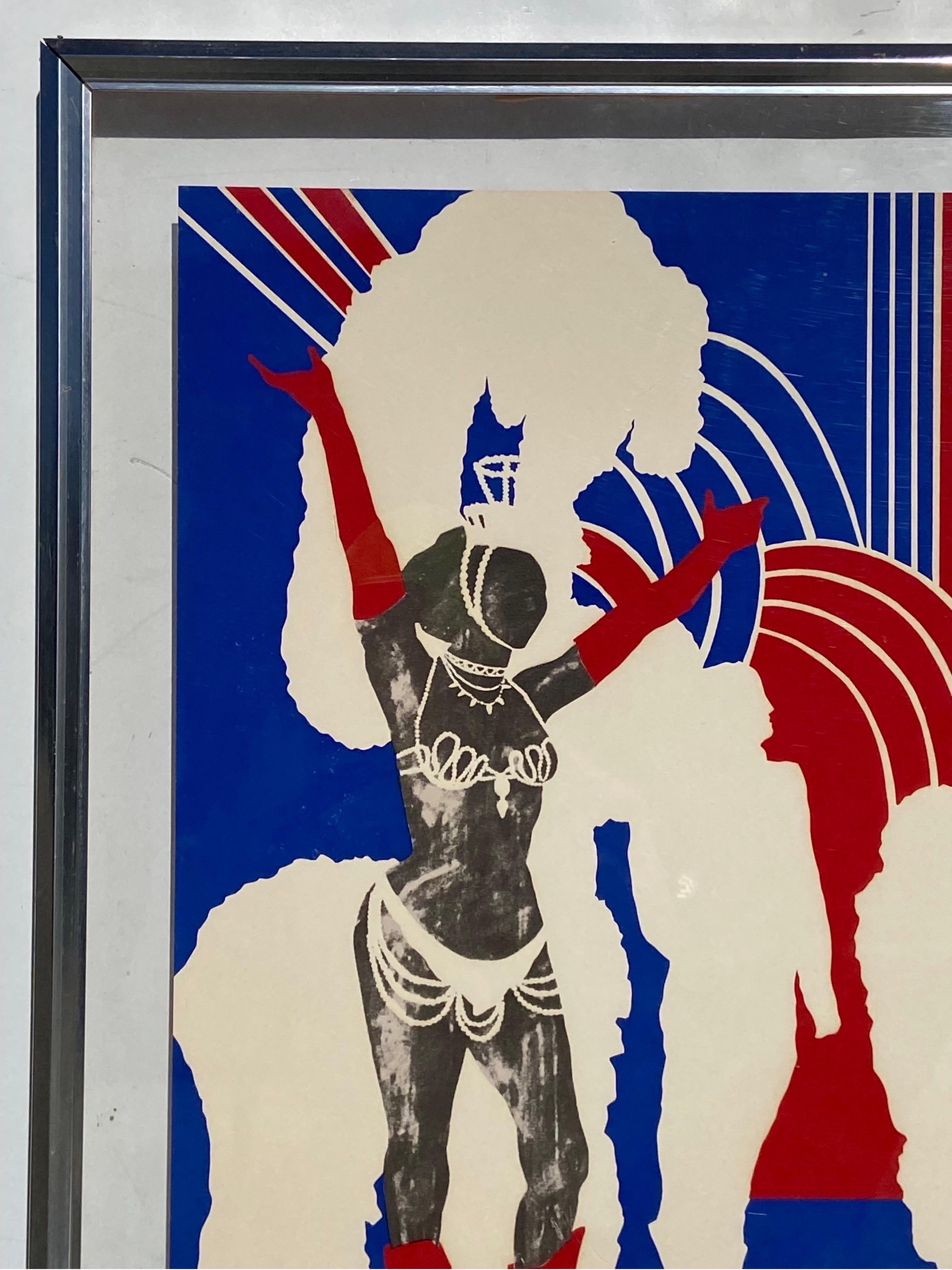 A vintage, 1975, artist's proof print by New York City artist Bea Kreloff (1926 - 2016). This work depicts a samba dancer set against a graphic background of red, white and blue. An edition of this work is in the Leslie Lohman Museum in New York