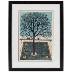 Vintage Artist Signed and Dated Lithograph of Owl in Tree