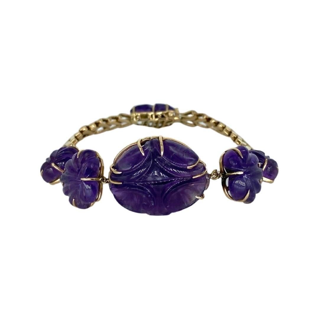 Women's or Men's Vintage Artistic Art Carved Amethyst Gemstone Bracelet 14k Gold For Sale