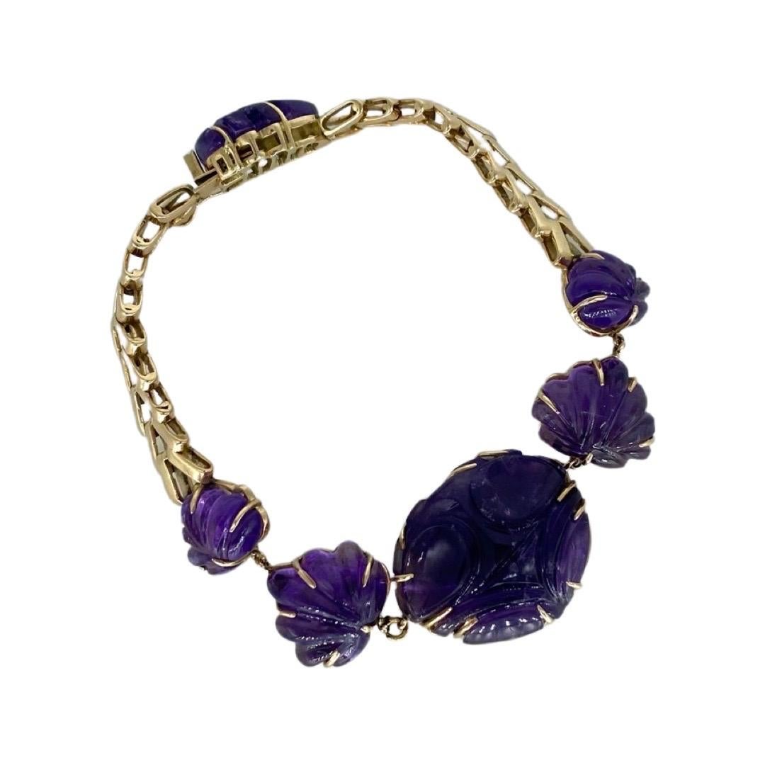 Vintage Artistic Art Carved Amethyst Gemstone Bracelet 14k Gold For Sale 1