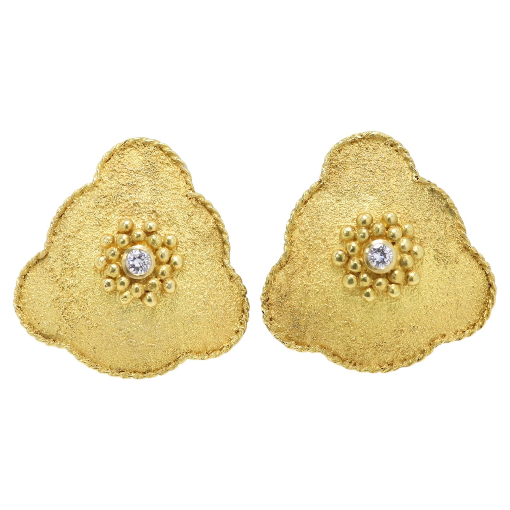 Vintage Artistic Clip Earrings 18k Yellow Gold Flower Stud Earring