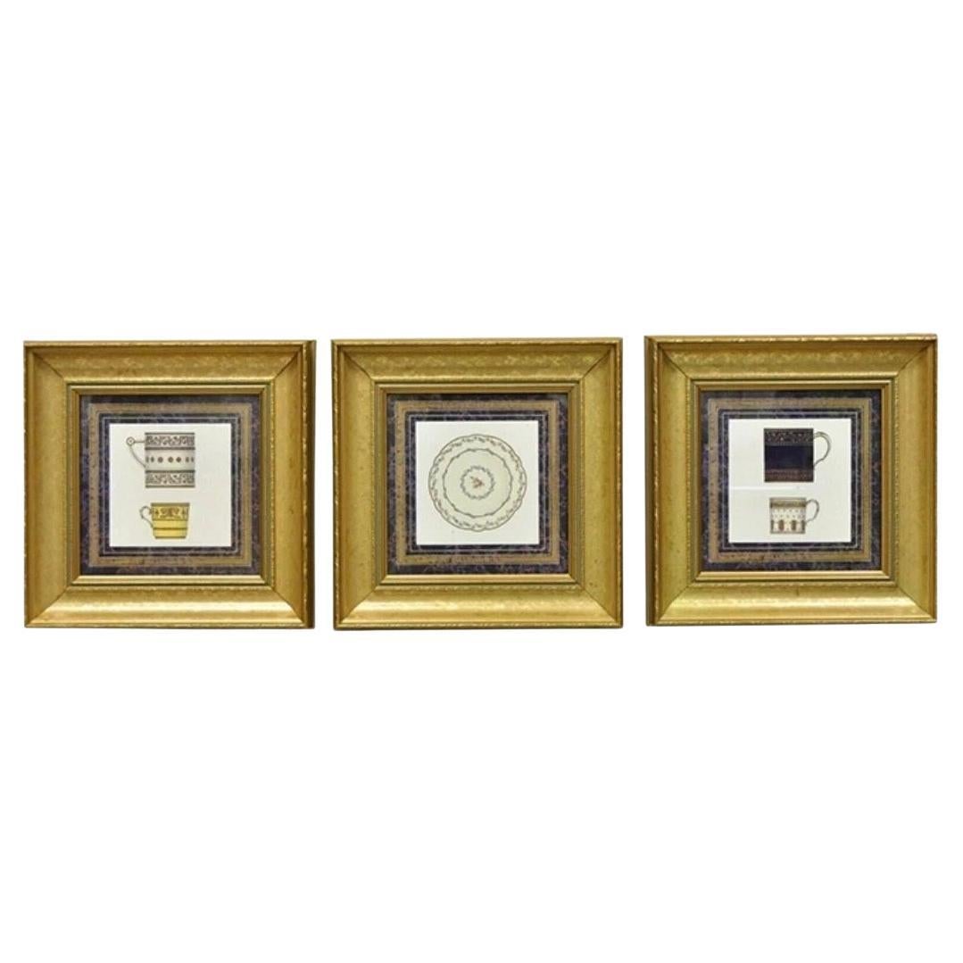 Vintage Artistic Innovations Gold Framed Wall Art Print Plate and Cups, 3 Pc Set For Sale