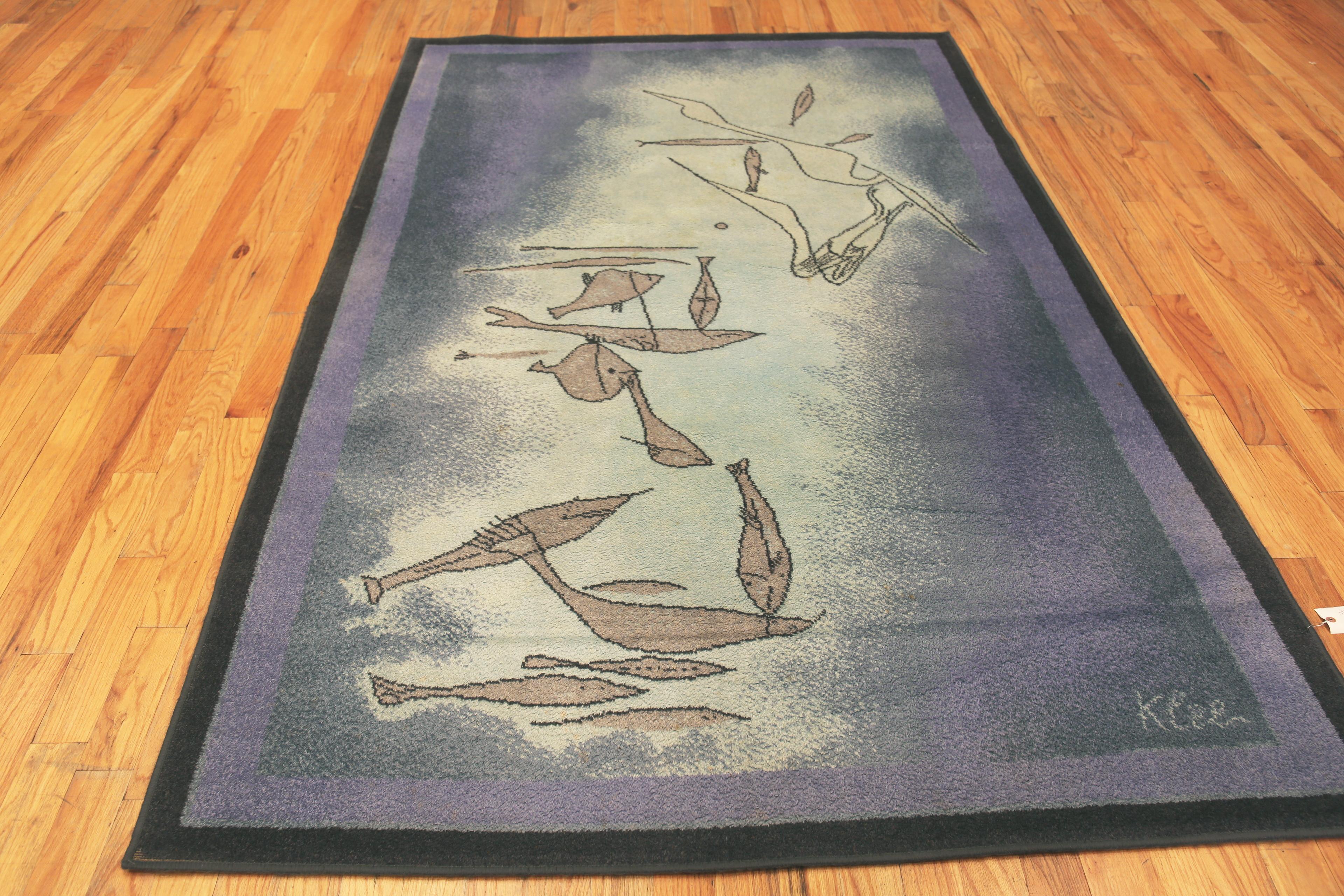 Nazmiyal Collection Vintage Artistic Paul Klee Fish Area Rug, Country of Origin / Rug Type: Scandinavian Rugs, Circa date: Vintage. Size: 6 ft x 9 ft 2 in (1.82m x 2.79m)